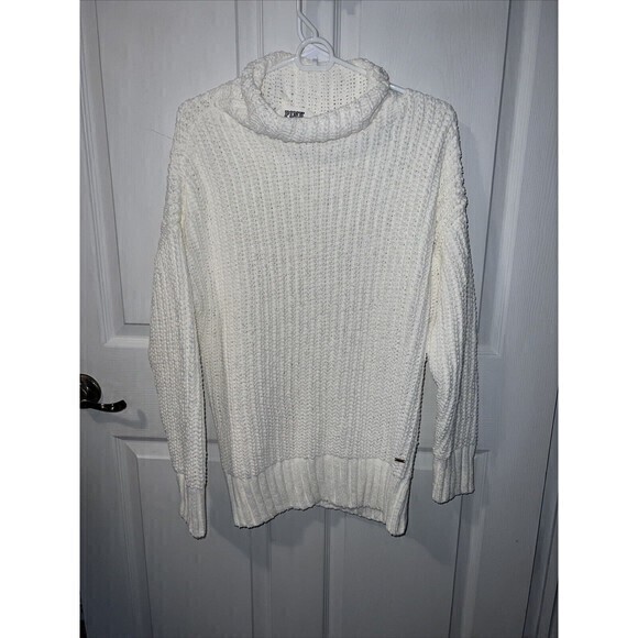 Victoria Secret Knit Sweater Pullover White‎ Logo Mock Turtleneck Size XSmall - Picture 1 of 8